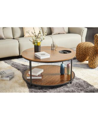  Round antique wood coffee table, 34.64-inch, 2-tier storage, modern design.