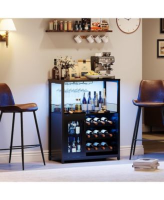 3-Tier Wine Bar Cabinet with LED Detachable Wine Rack and Storage Space Buffet Cabinet with Glass Holder and Mesh Door for Kitchen