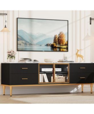 TV Stand with LED Lights, Modern Entertainment Center with 4 Drawers & Shelves & Glass Doors, TV Console Table for TV