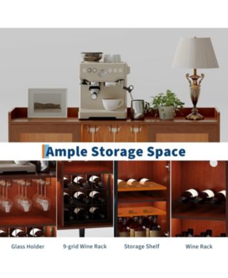 Modern Wood Wine Bar Cabinet with LED Light, Glass Holder Doors & Wine Racks, Buffet Sideboard with Storage for Kitchen or Home Bar