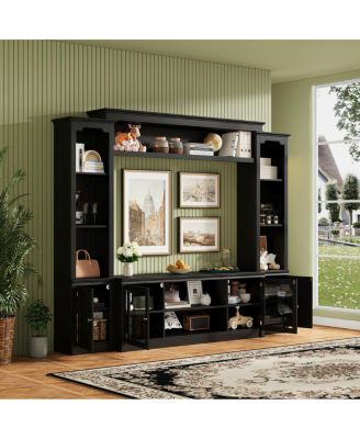 Modern TV Stand with Bookcase for TVs Up to 65-inch, 4 Shelves, Glass Doors