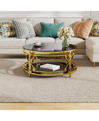 Streamdale Round Tempered Glass Coffee Table, 30.7", Gold Geometric Metal Frame, Shelf
