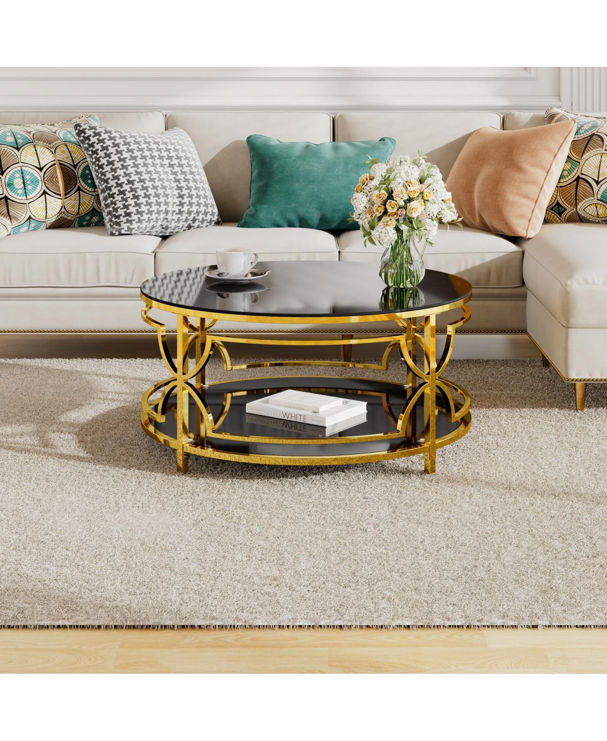 Streamdale Furniture Streamdale Round Tempered Glass Coffee Table, 30.7", Gold Geometric Metal Frame, Shelf