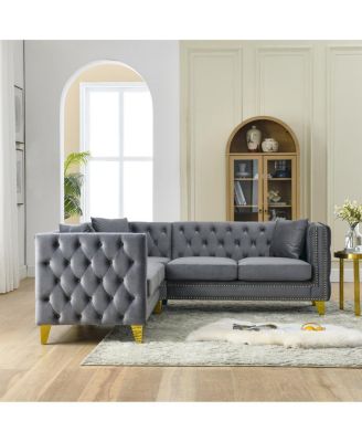 Velvet L-Shaped Sectional Couch, 5-Seater Corner Sofa with 3 Cushions