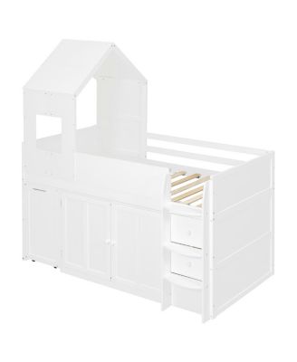 Twin Size Wooden Loft Bed with Desk, Drawers and Cabinets