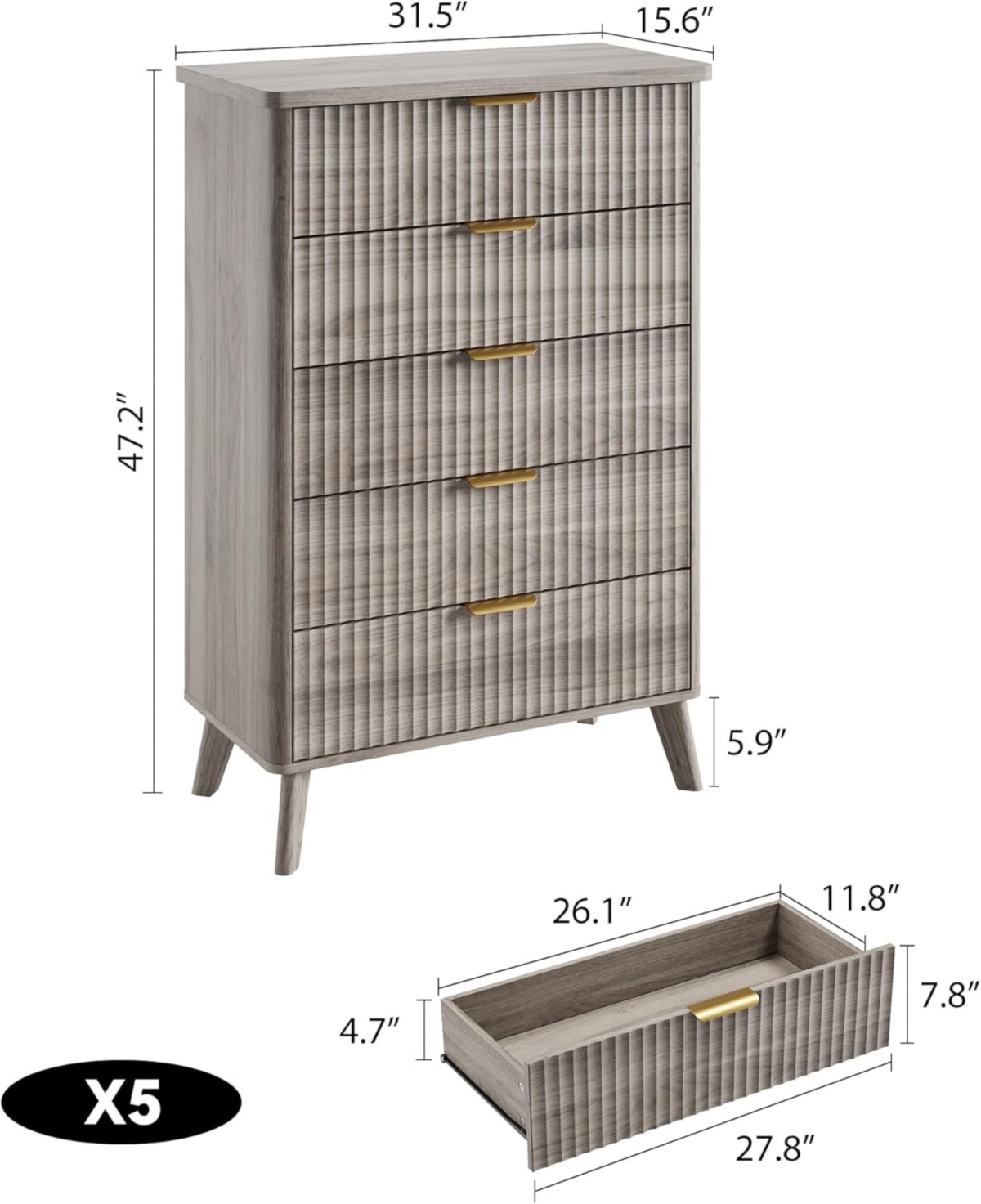 gaomon Fluted Dresser for Bedroom with 5 Deep Drawers, 47.2 in Tall Chest of Drawers, Curved Profile Design, Modern Wooden Dresser, for Living Room