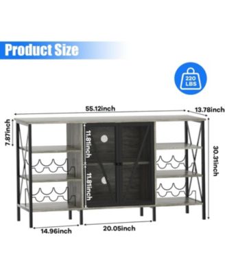 Farmhouse Wine Bar Cabinet with Wine Rack, Glass Holder, LED Light, Metal Sideboard and Liquor Storage Cabinet