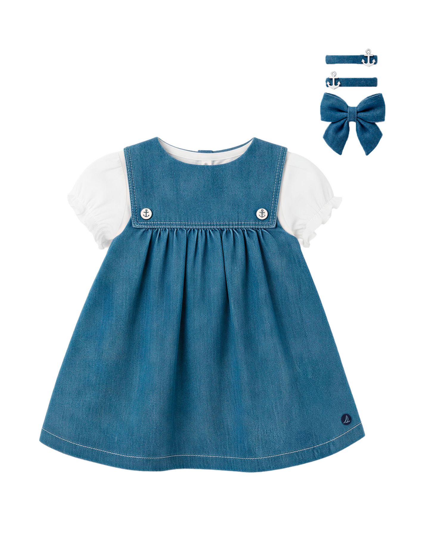 Baby Girls' Denim Jumper Dress & Bodysuit with Hairclip and Band, 4-Piece Set