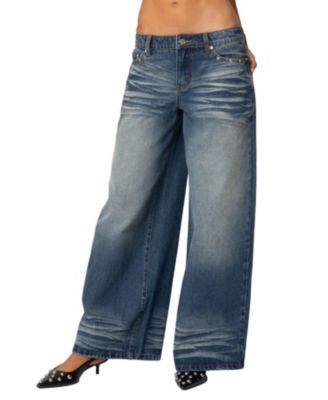 Women's Faux Leather Pocket Low Rise Baggy Jeans