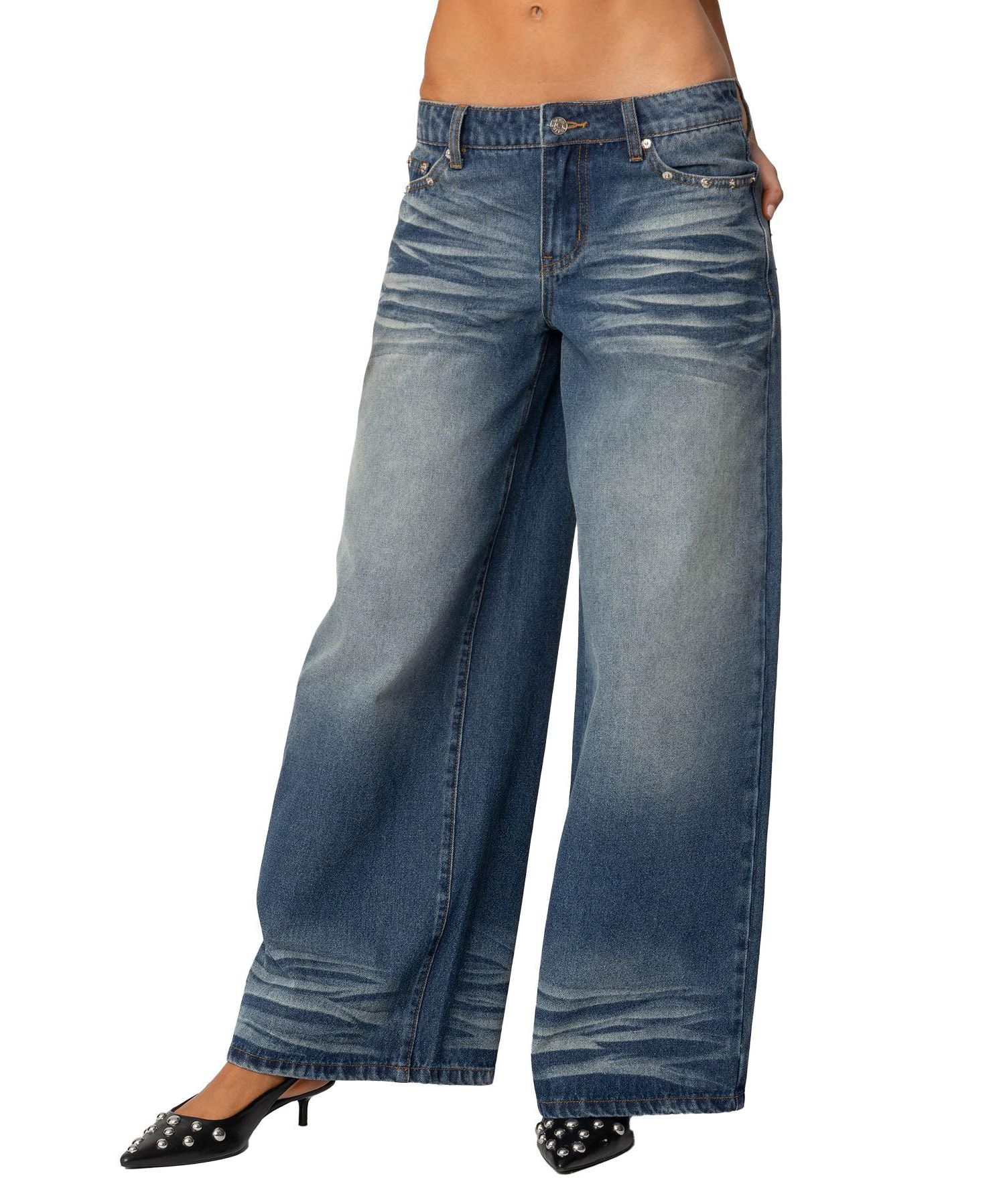Women's Faux Leather Pocket Low Rise Baggy Jeans