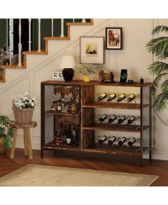 42-Inch Industrial Coffee Bar Cabinet with LED Lights, Power Outlets, Wood Liquor Cabinet with Doors, Glass Holders & Storage