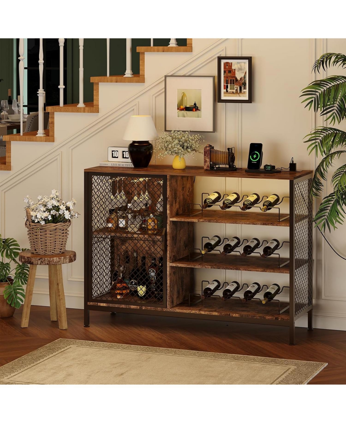 gaomon 42-Inch Industrial Coffee Bar Cabinet with Led Lights, Power Outlets, Wood Liquor Cabinet with Doors, Glass Holders & Storage