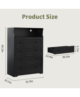 4 Drawer Wood Dressers for Bedroom with LED Lights and Charging Station, Modern Nightstand for Bedside, Wooden Chest of Drawers