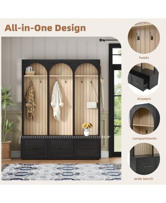 Farmhouse Arched Hall Tree Bench with Hooks, Coat Rack & Shoe Organizer