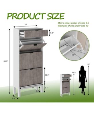 Wooden Shoe Cabinet with 3 Flip Doors & 1 Drawer – Slim Modern Fluted Shoe Organizer with Iron Legs, Freestanding Entryway