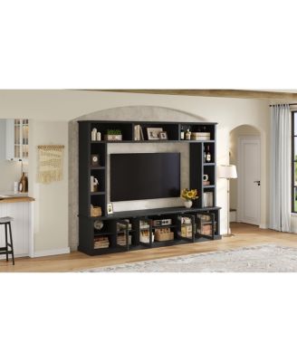 Entertainment Center Wall Unit for TVs up to 80" with Bookshelves & Glass Doors