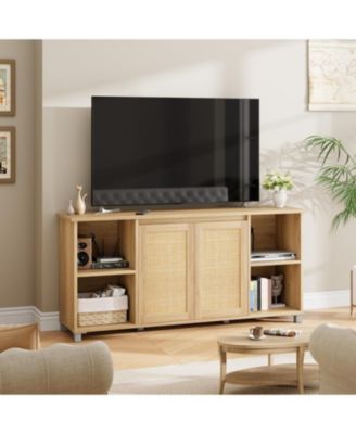 70 Inch TV Stand, Boho TV Stand with Rattan Cabinet Doors, Entertainment Center with 4 Open Shelves & 2 Cabinets