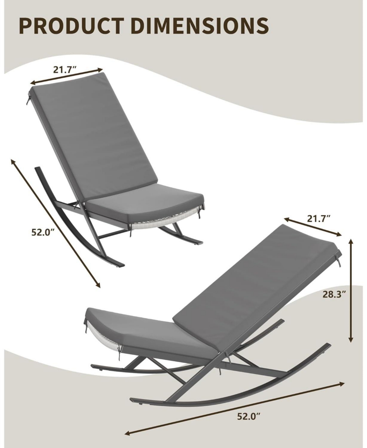 gaomon Outdoor Rocking Lounge Chair Set of 2, Patio Chaise Lounge with Removable Cushion for Napping Relaxing, Indoor Reclining Papasan Rocker Chair