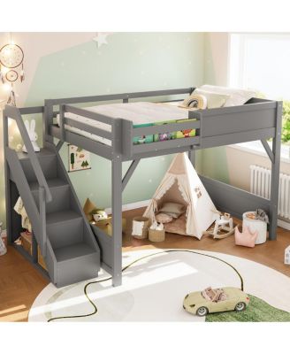 Loft Bed with Wardrobe & Storage, Solid Wood