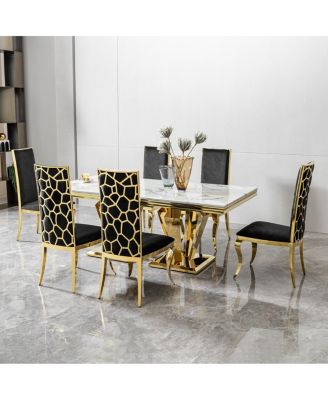 MDF Marble Top Dining Table for 6, White/Gold 66.9" Stainless Steel Base