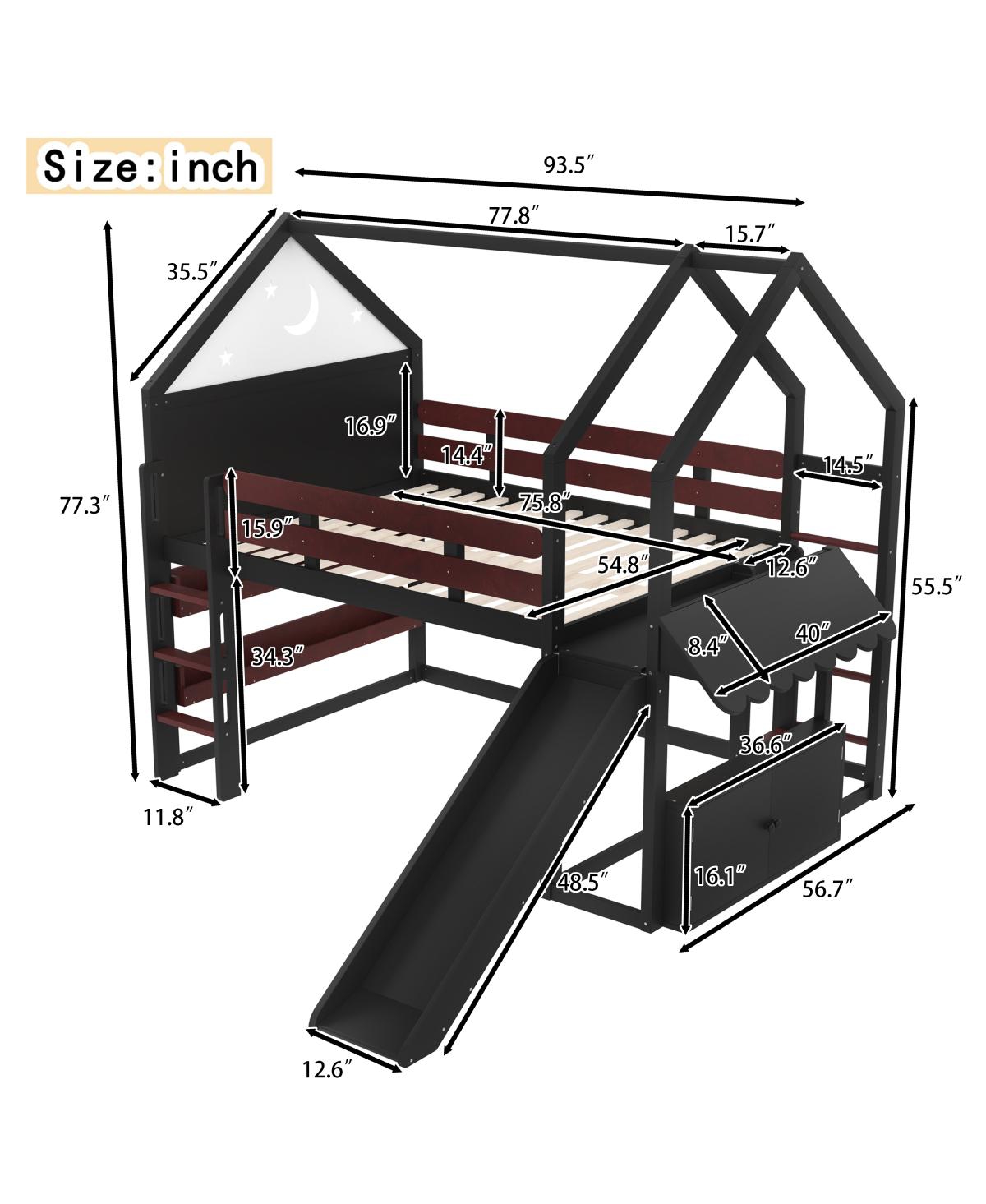 Streamdale Furniture Loft Bed with Bookshelf, House-Shaped with Slide