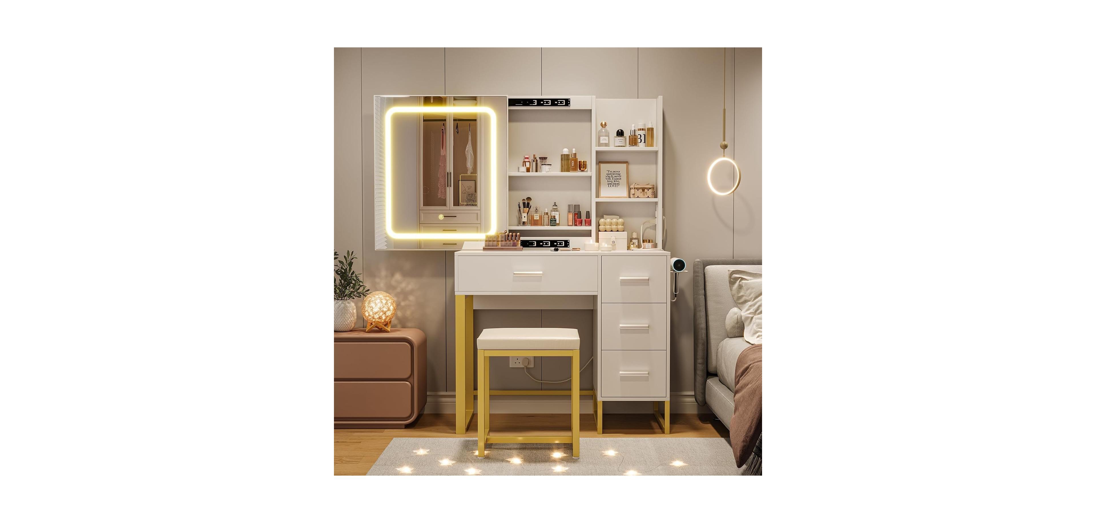 gaomon Vanity Desk with Led Lights & Power Outlets – Makeup Table with 3 Color Mirror, 4 Drawers, Storage Shelves, Hair Dryer Holder & Stool