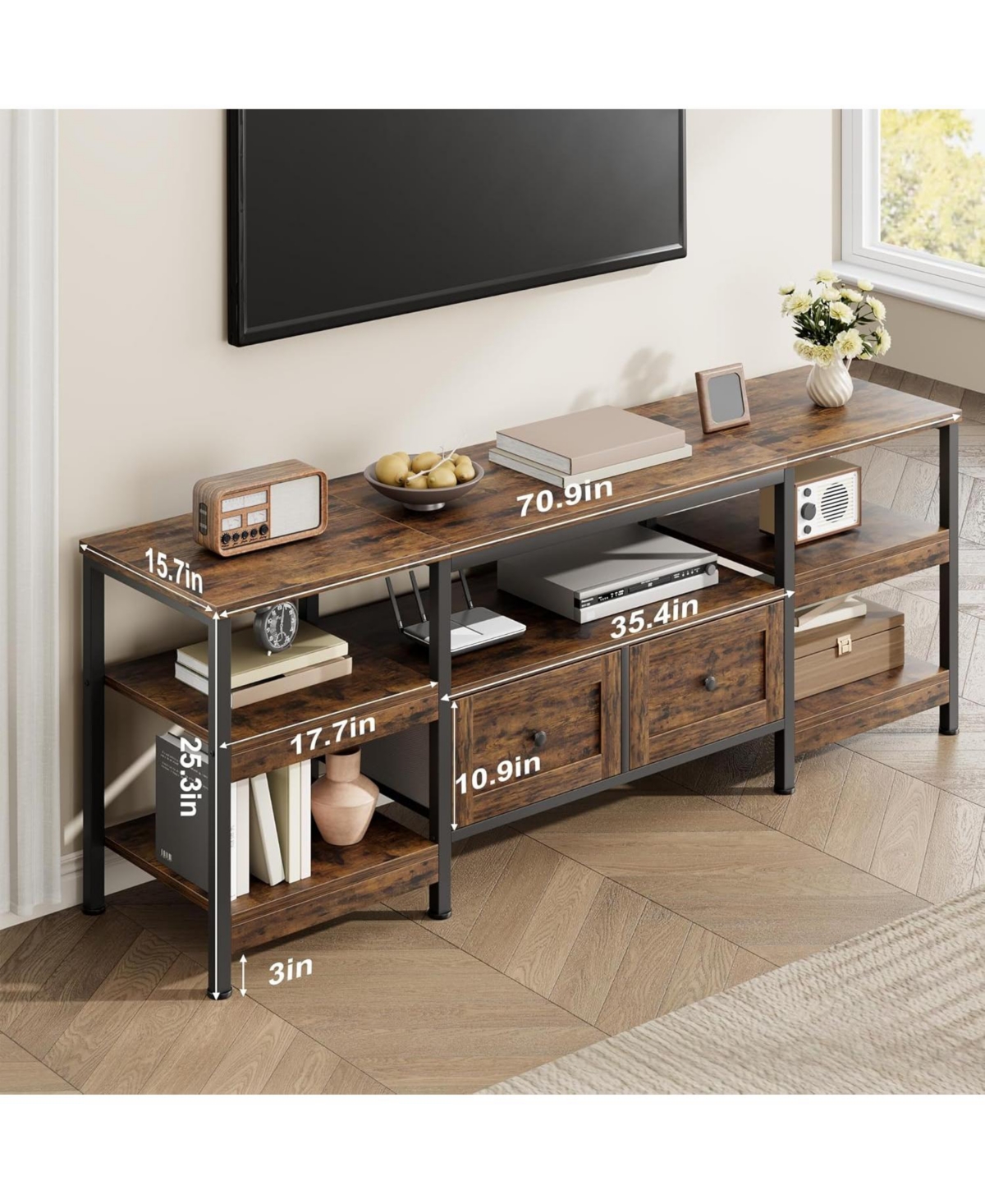 gaomon Modern-Industrial Tv Stand with 2 Fabric Drawers, Entertainment Center for TVs