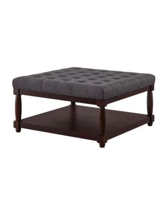Large Square Tufted Linen Ottoman Coffee Table with Solid Wood Shelf