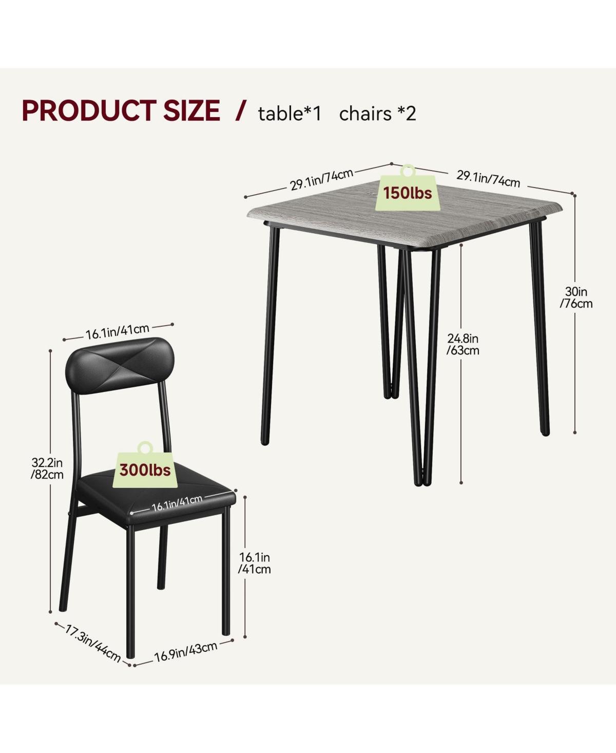 gaomon 2 Piece Upholstered Dining Set – Kitchen Table & Chairs for Small Spaces