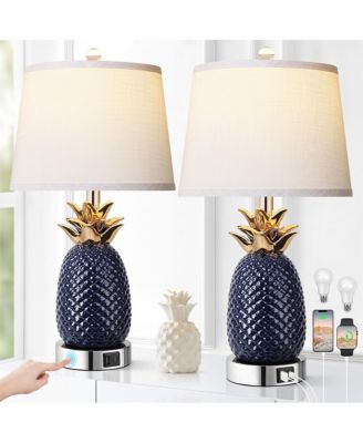 22-inch Pineapple Table Lamps Set of 2, 3 way Dimmable Ceramic Table Lamp for living room, Navy Blue Modern Table Lamp with USB Port