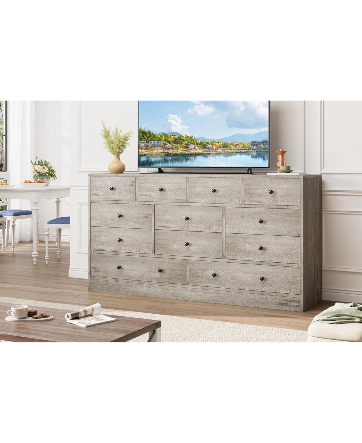 gaomon Drawer Dresser for Bedroom, 61 Long Modern Black Tv Stand with Charging Station, Large Wooden Chest Od Drawers Nursery, Closet