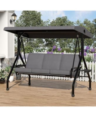 3 Seat Outdoor Porch Swing, 2-in-1 Patio Swing Chair with Thickened Removable Cushions, Adjustable Canopy   Cup Holders