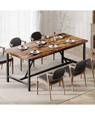 70.87 Inch Large Farmhouse Dining Table with Wood Grain Engineered Panels and Sturdy Black Metal Legs Seats 6-8 Dual Use