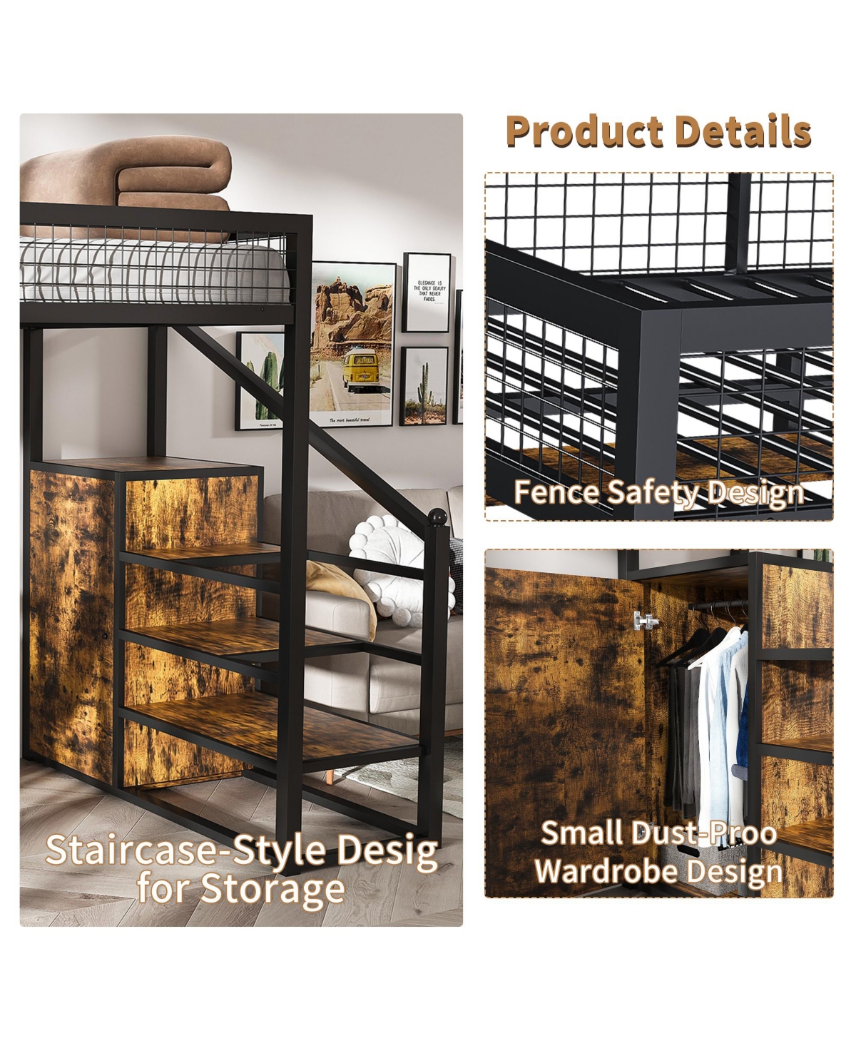 Flynama Full Size Loft Bed w Desk and Wardrobe Heavy Duty Metal Frame Built In Charging Station