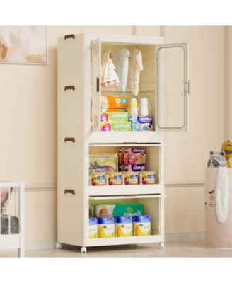 Portable Wardrobe Closet with Magnetic Doors, 4 Cubes, Hanging Rod & 10 Hangers, White