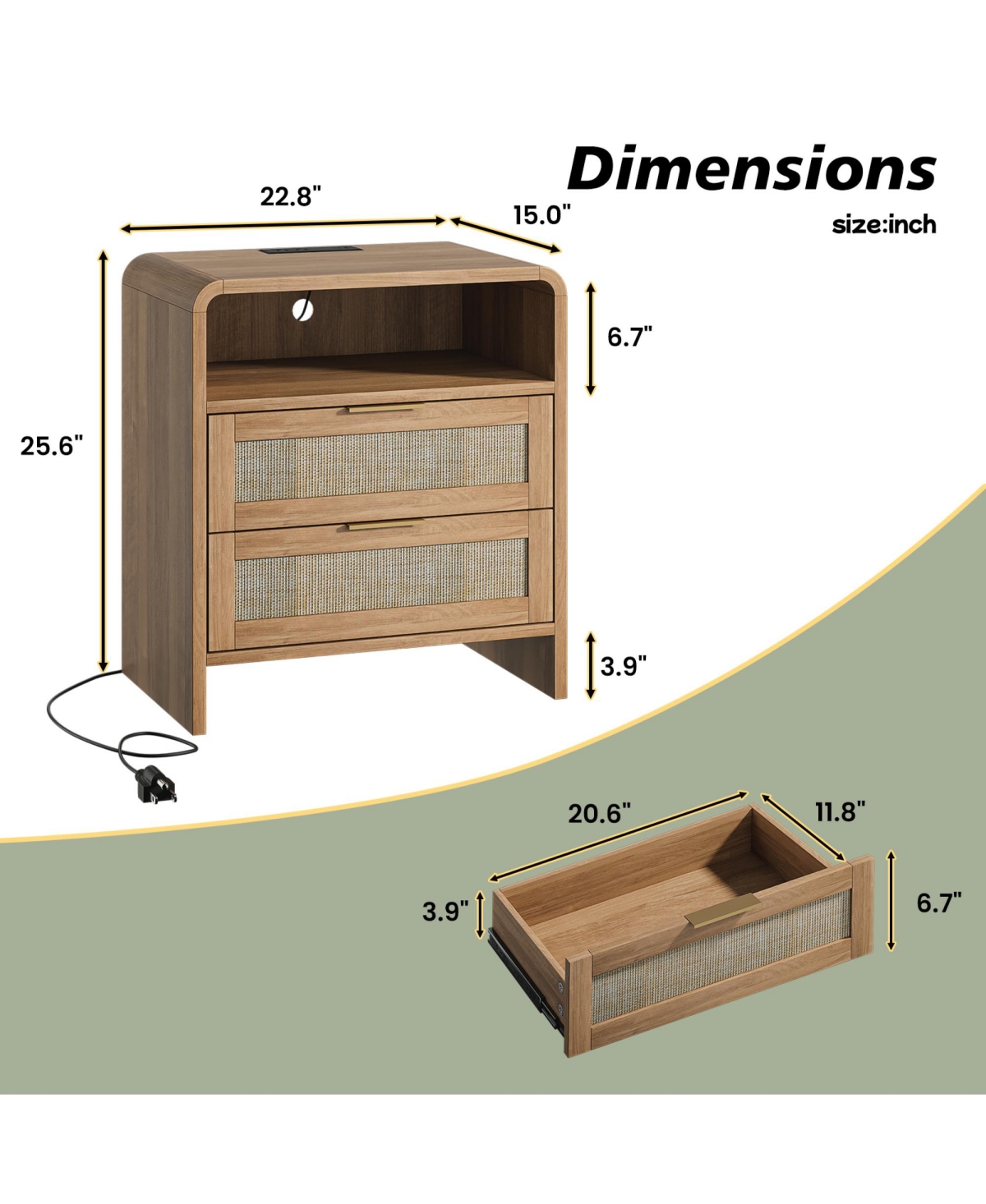 Rainsken Rattan Nightstand, Curved Wooden Bedside Table with Charging Station, 2 Drawers and Open Shelf