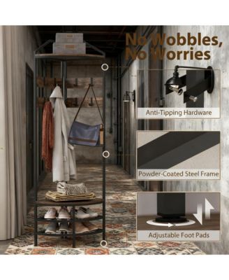 Corner Hall Tree - Industrial 4-Tier Coat Rack with Open Shelves, Movable Hooks and Steel Frame for Hallway, Living Room