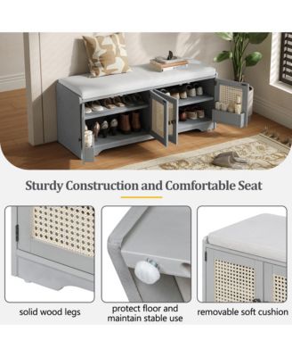 Rustic Storage Bench - Wood Shoe Cabinet Storage Ottoman with Removable Cushion, Woven Rattan Doors, Adjustable Shelves for Hallway
