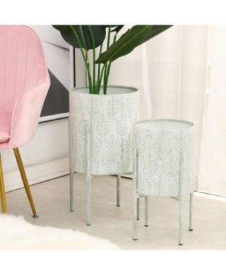 Set of 2  Leaf Embossed Metal Cachepot Planters  Stand
