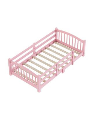 Twin Montessori Floor Bed with Slats, Safety Guardrails, Solid Wood