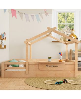 Full Size Floor Bed with Guardrails, Roof, Tray & Signboard