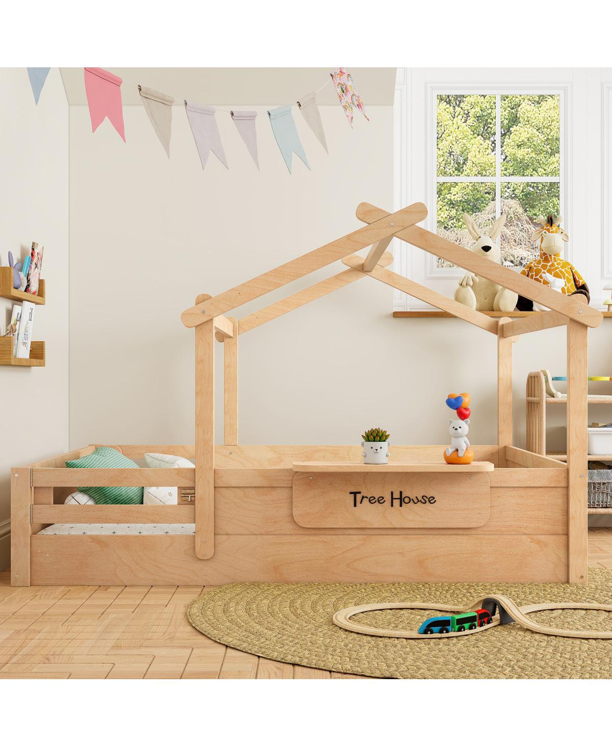 Streamdale Furniture Full Size Floor Bed with Guardrails, Roof, Tray & Signboard