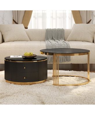 Modern 2 Pieces Round Nesting Coffee Table with Drawers
