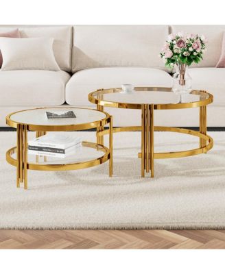 Modern 2-Piece Gold Textured Glass Coffee Table Set