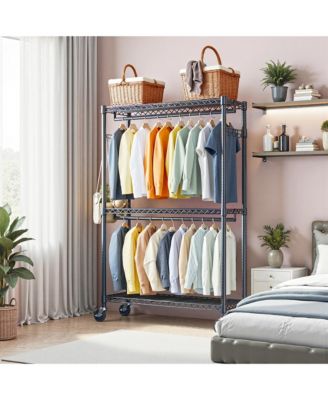 Heavy Duty Rolling Garment Rack - 3 Tiers Adjustable Wire Shelving, Clothes Rack with 2 Rods and Side Hooks for Bedroom and Cloakroom