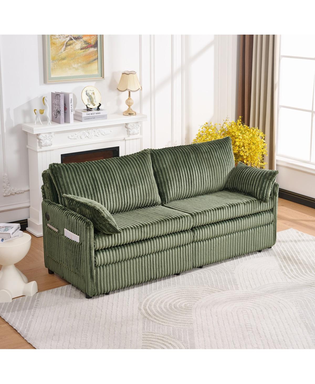 Streamdale Furniture 73" Convertible Sofa Bed with Side Pocket & Usb Ports, Modern Corduroy Couch