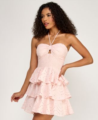 Juniors' Smocked Eyelet Halter Dress