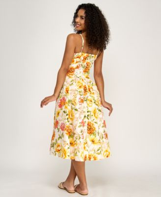 Juniors' Floral Sweetheart Bodice Gathered Midi Dress