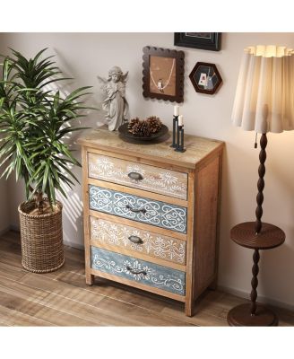  Vintage 4-Drawer Chest with Distressed Wood & Ornate Pattern Design