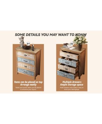  Vintage 4-Drawer Chest with Distressed Wood & Ornate Pattern Design
